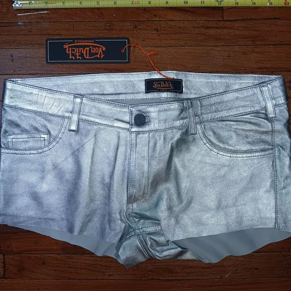 Von Dutch Silver Leather Metallic Women's Bike Shorts - Picture 3 of 5